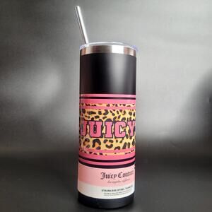 Juicy Couture Black‎ Hot Pink Cheetah Leopard 24 oz Insulated Tumbler Straw NWT